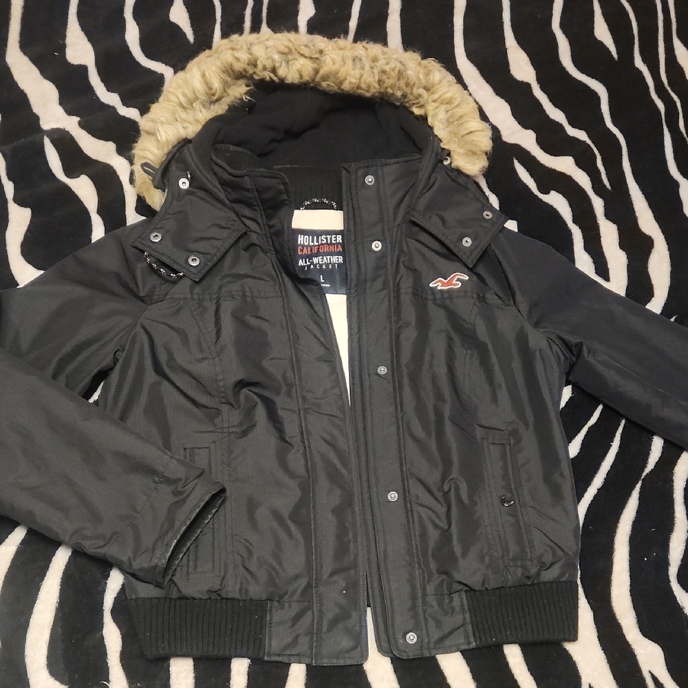 Hollister Black Jacket with Faux Fur Trimmed Hood